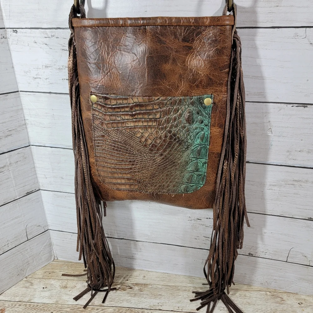 Brown Fringe Crossbody Bag with Croc-Embossed Accent *READ*